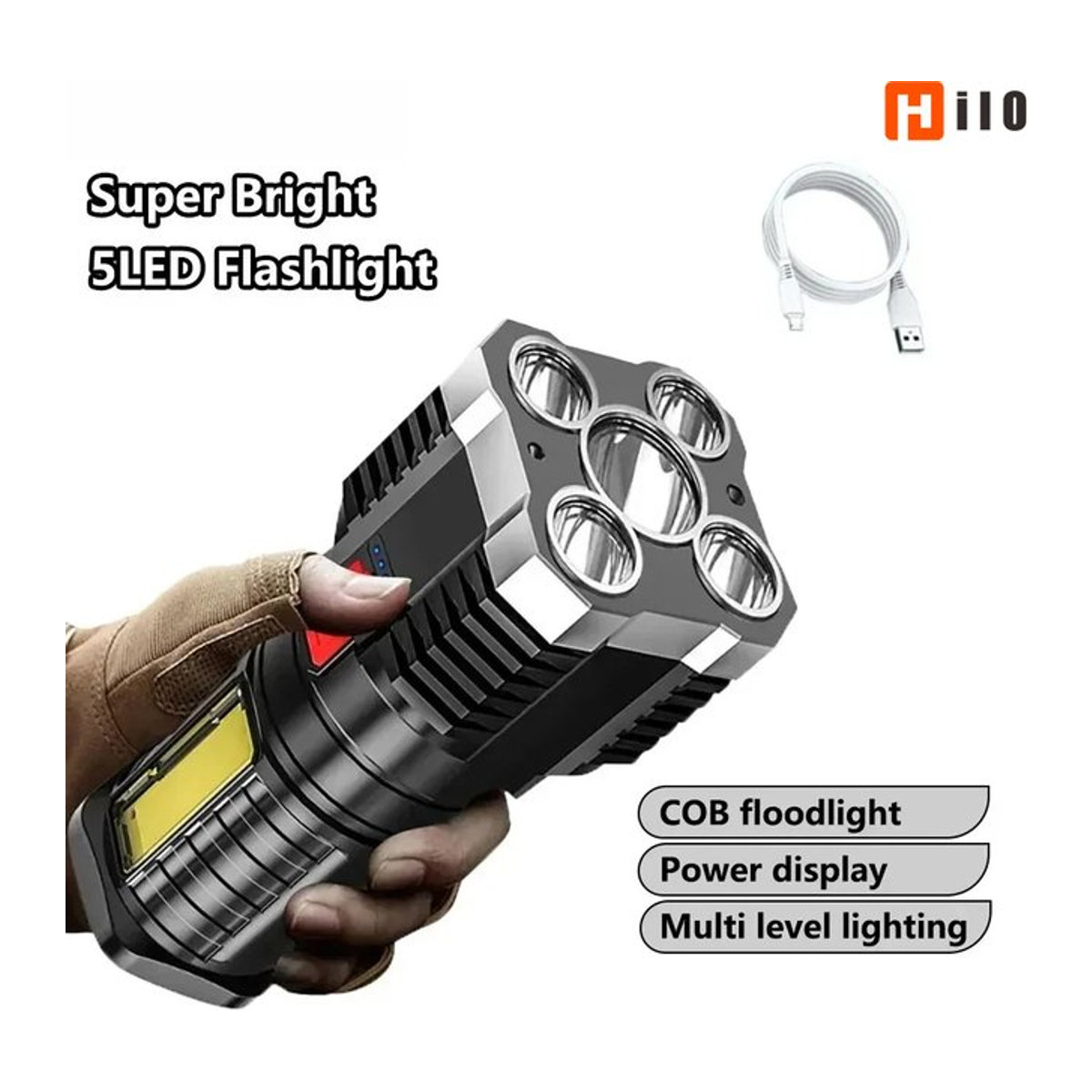 Hilo 5LED-Taschenlampe mit COB-Seitenlicht, leistungsstarke wiederaufladbare USB-Taschenlampe mit 3 Modi für Camping und Outdoor - Bild 1