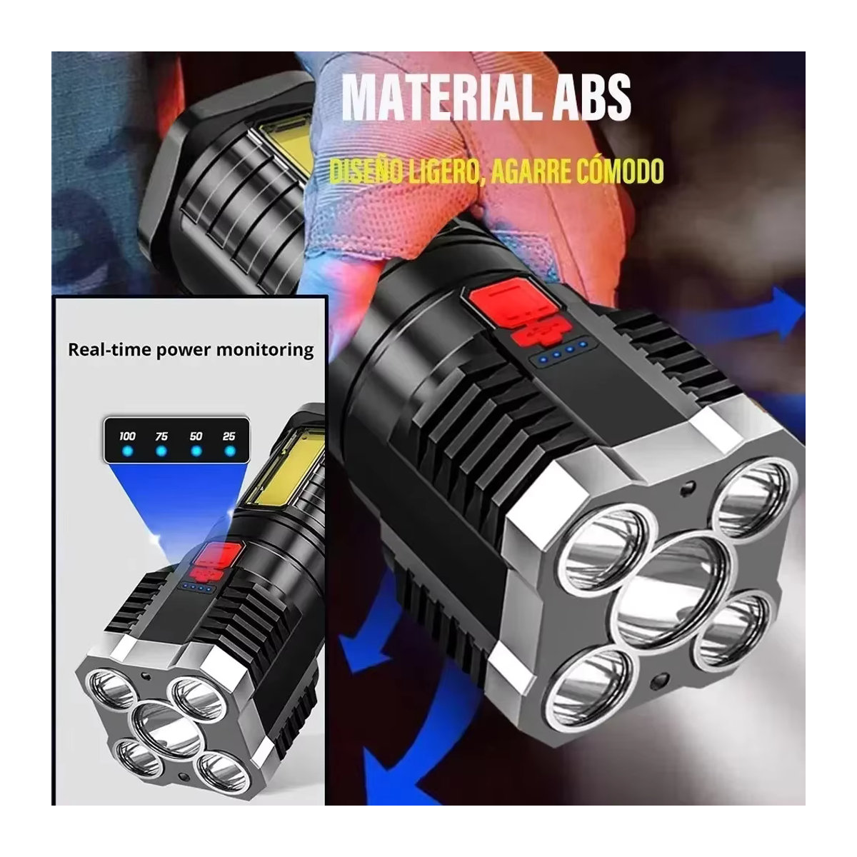 Hilo 5LED-Taschenlampe mit COB-Seitenlicht, leistungsstarke wiederaufladbare USB-Taschenlampe mit 3 Modi für Camping und Outdoor - Bild 5