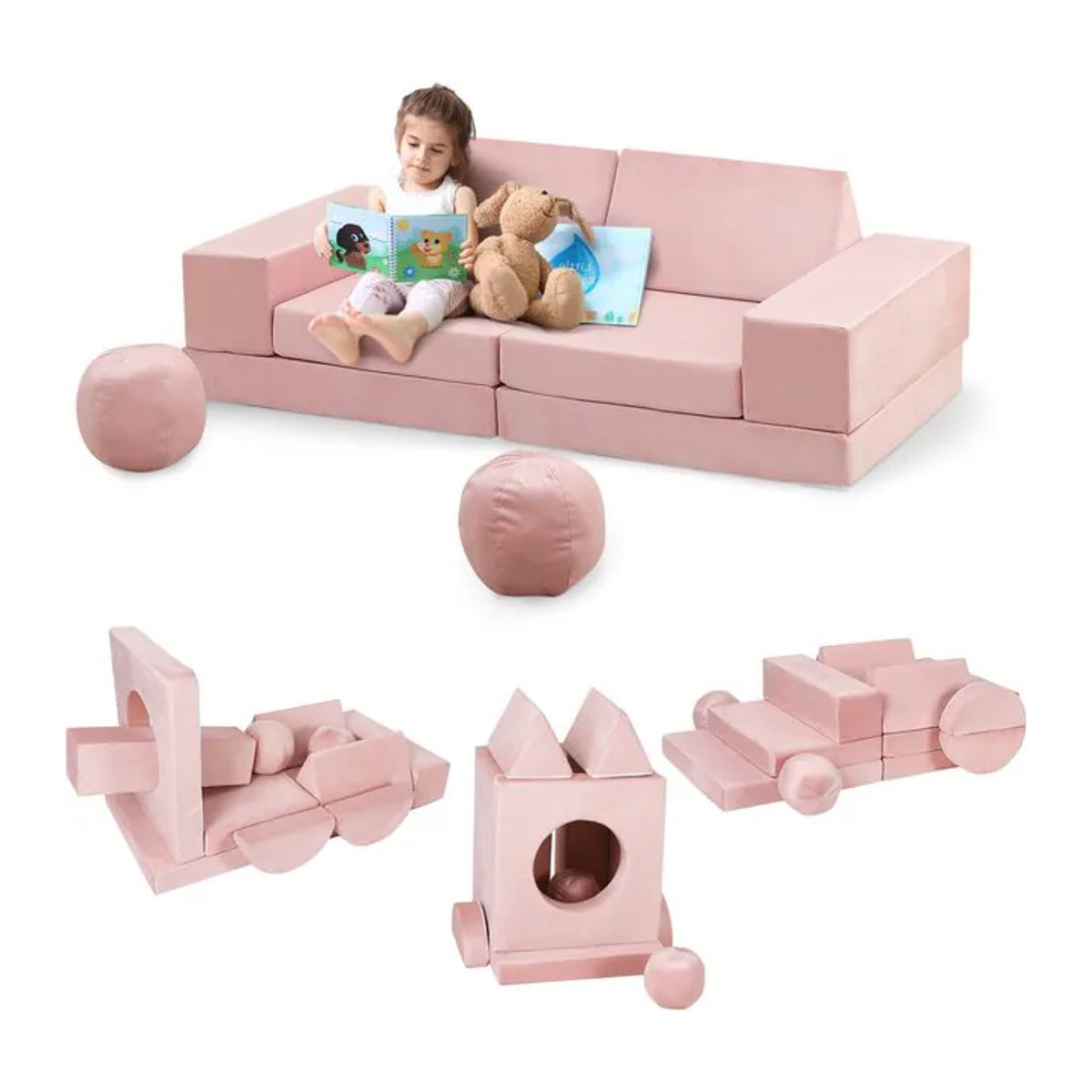 HiMISS 12-teiliges modulares Kinder-Spielsofa Set aus Samt in Rosa mit Tunnel und Bällen - Bild 1