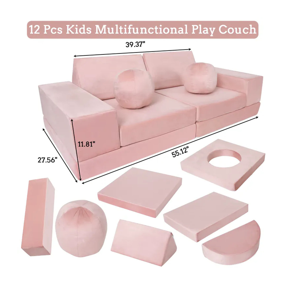 HiMISS 12-teiliges modulares Kinder-Spielsofa Set aus Samt in Rosa mit Tunnel und Bällen - Bild 2