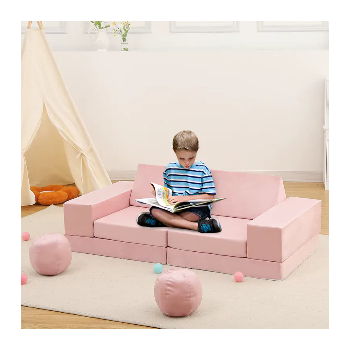 HiMISS 12-teiliges modulares Kinder-Spielsofa Set aus Samt in Rosa mit Tunnel und Bällen - Bild 3