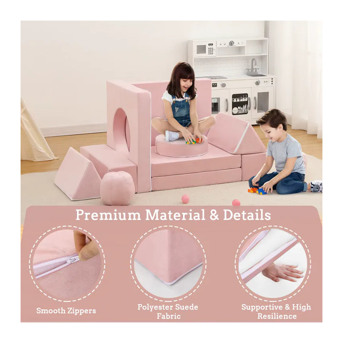 HiMISS 12-teiliges modulares Kinder-Spielsofa Set aus Samt in Rosa mit Tunnel und Bällen - Bild 4