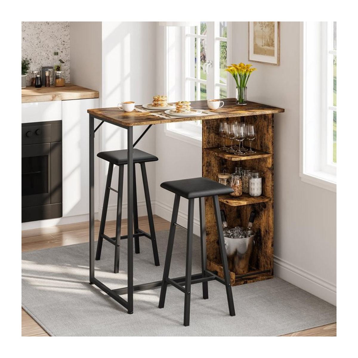 HiMISS 3-teiliges Bartisch- und Stuhl-Set im Industrial Design aus Holz und Metall, Schwarz und Braun - Bild 1