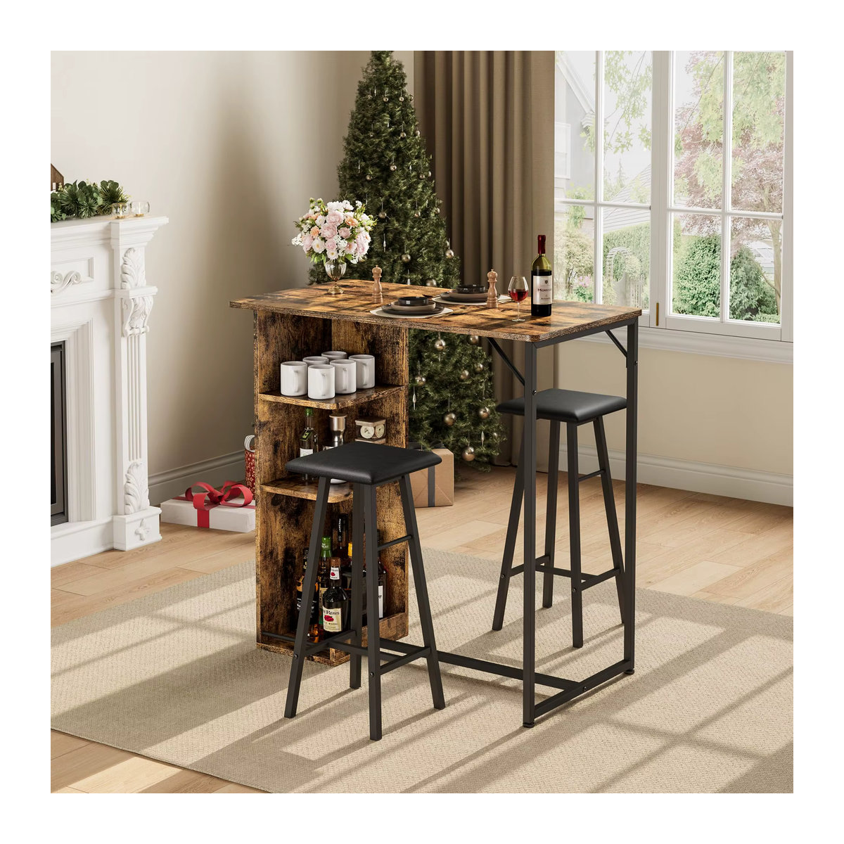 HiMISS 3-teiliges Bartisch- und Stuhl-Set im Industrial Design aus Holz und Metall, Schwarz und Braun - Bild 2