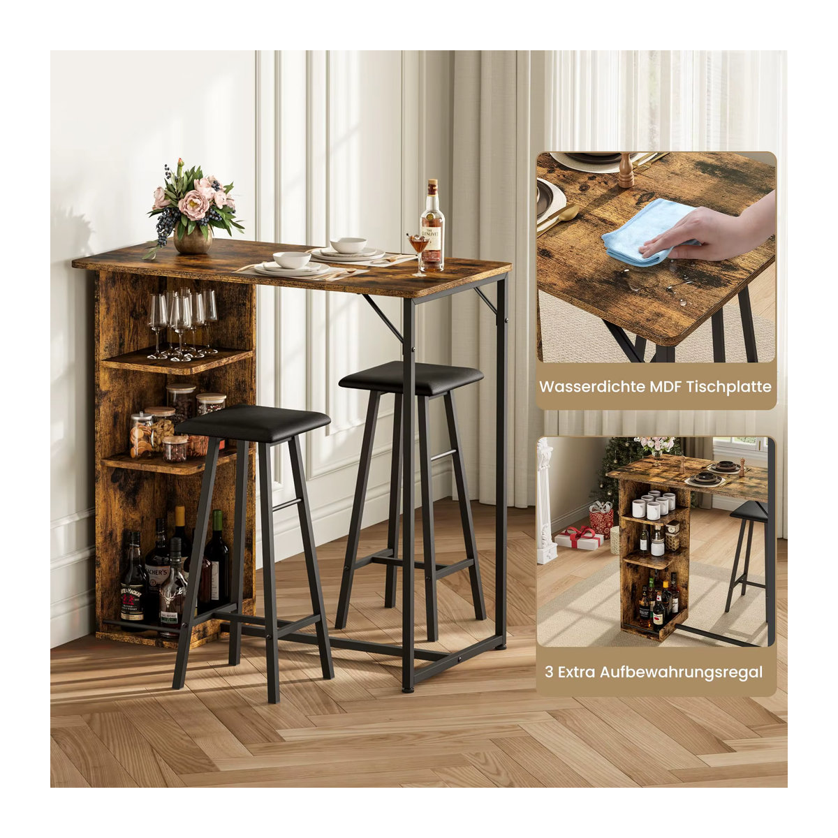 HiMISS 3-teiliges Bartisch- und Stuhl-Set im Industrial Design aus Holz und Metall, Schwarz und Braun - Bild 3