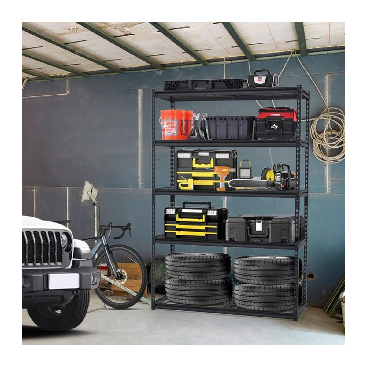 HiMISS 5-stufiges Garagenregal aus Metall in Schwarz, verstellbares und robustes Metallregal für Garage oder Küche, Höhe: 180 cm, Breite: 46 cm, Tiefe: 46 cm - Bild 1
