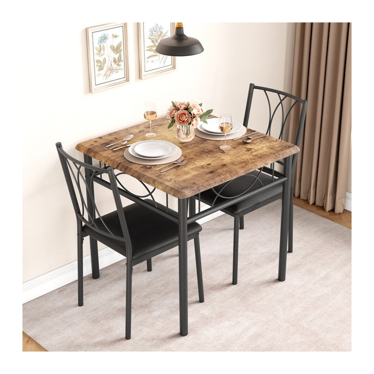 HiMISS Esstisch-Set aus Holz für 2 Personen im Industrial-Design, Essgruppe in Braun - Bild 1