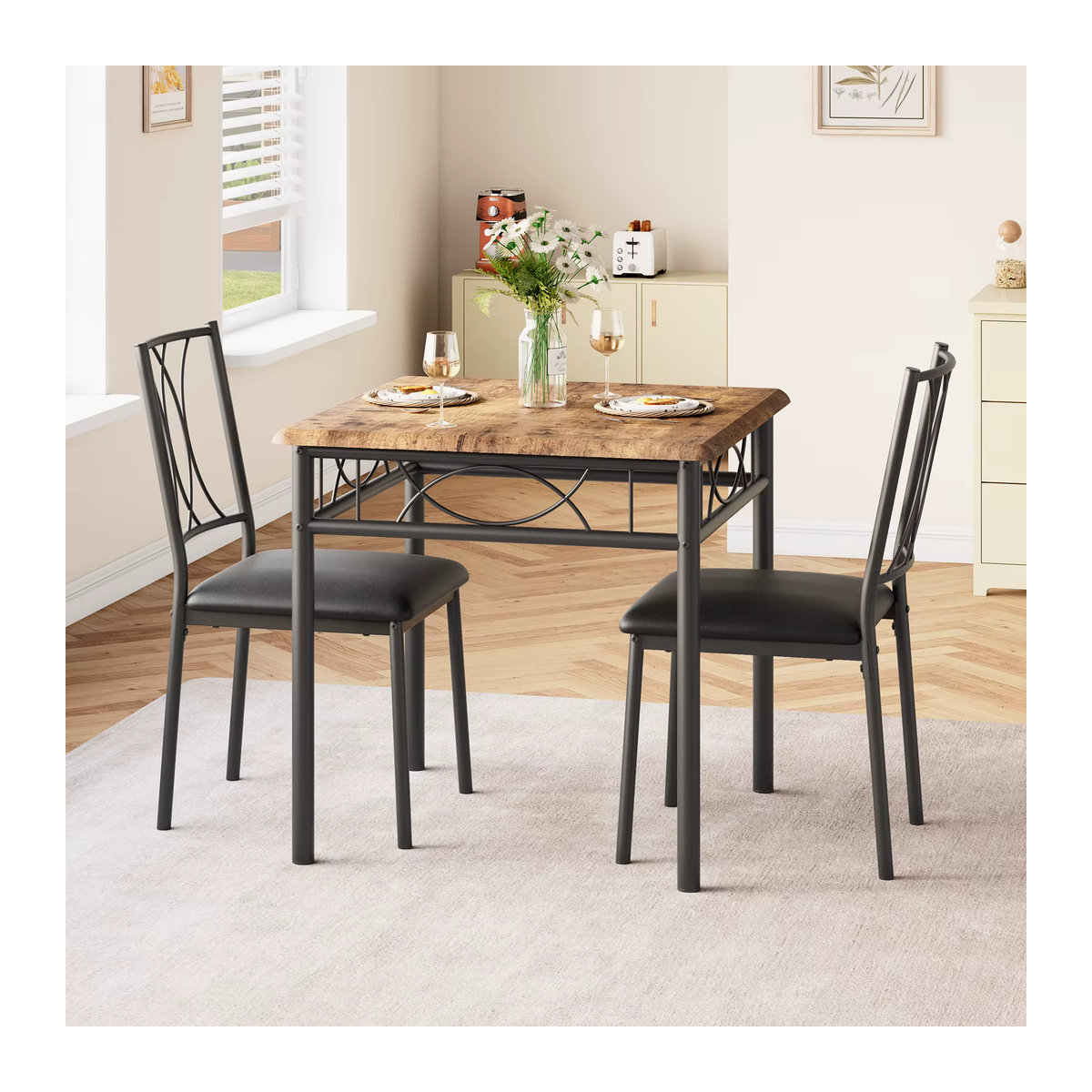 HiMISS Esstisch-Set aus Holz für 2 Personen im Industrial-Design, Essgruppe in Braun - Bild 3