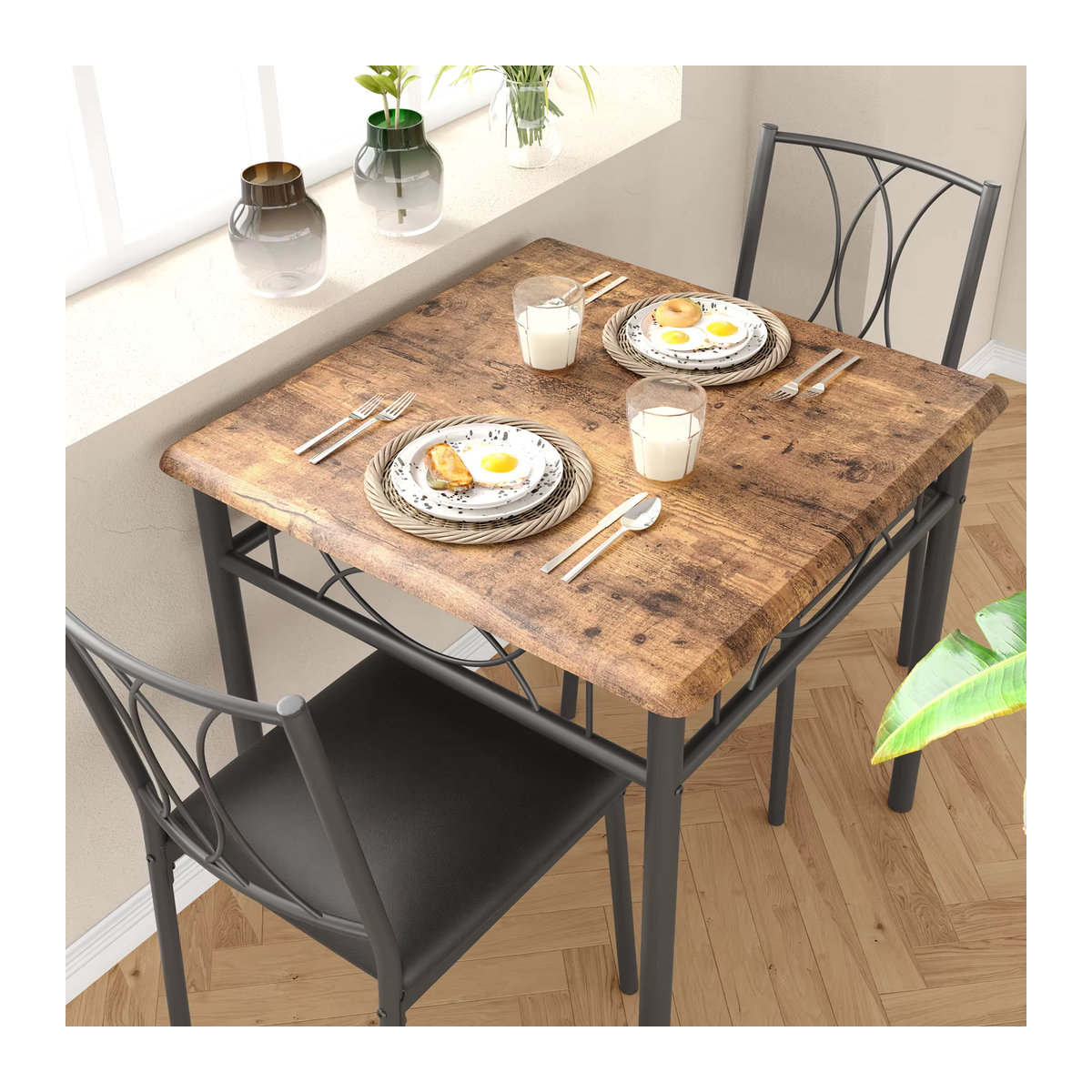 HiMISS Esstisch-Set aus Holz für 2 Personen im Industrial-Design, Essgruppe in Braun - Bild 4