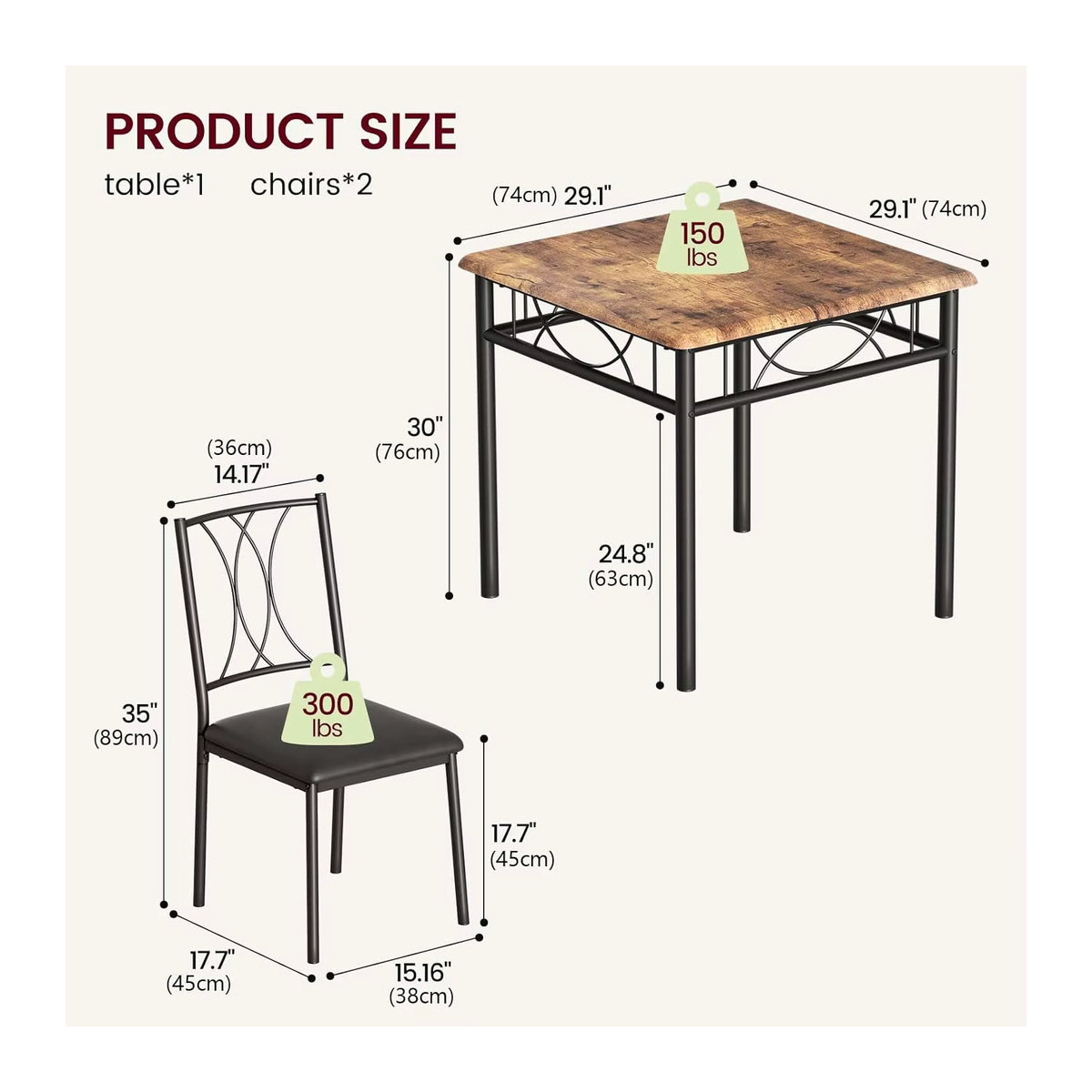HiMISS Esstisch-Set aus Holz für 2 Personen im Industrial-Design, Essgruppe in Braun - Bild 5