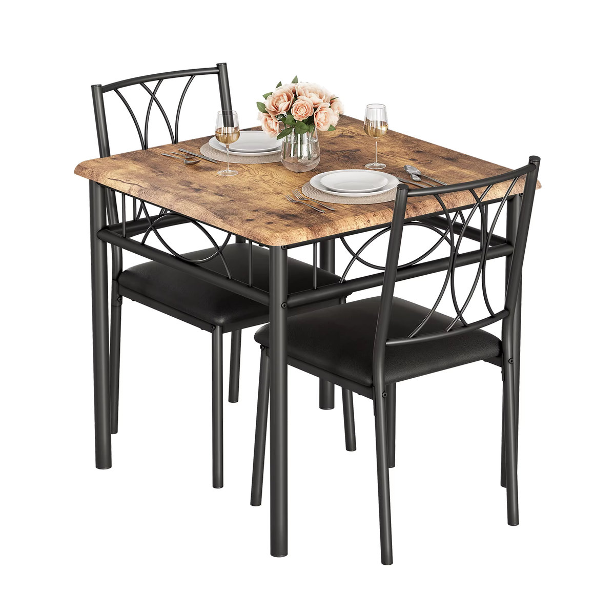HiMISS Esstisch-Set aus Holz für 2 Personen im Industrial-Design, Essgruppe in Braun - Bild 6