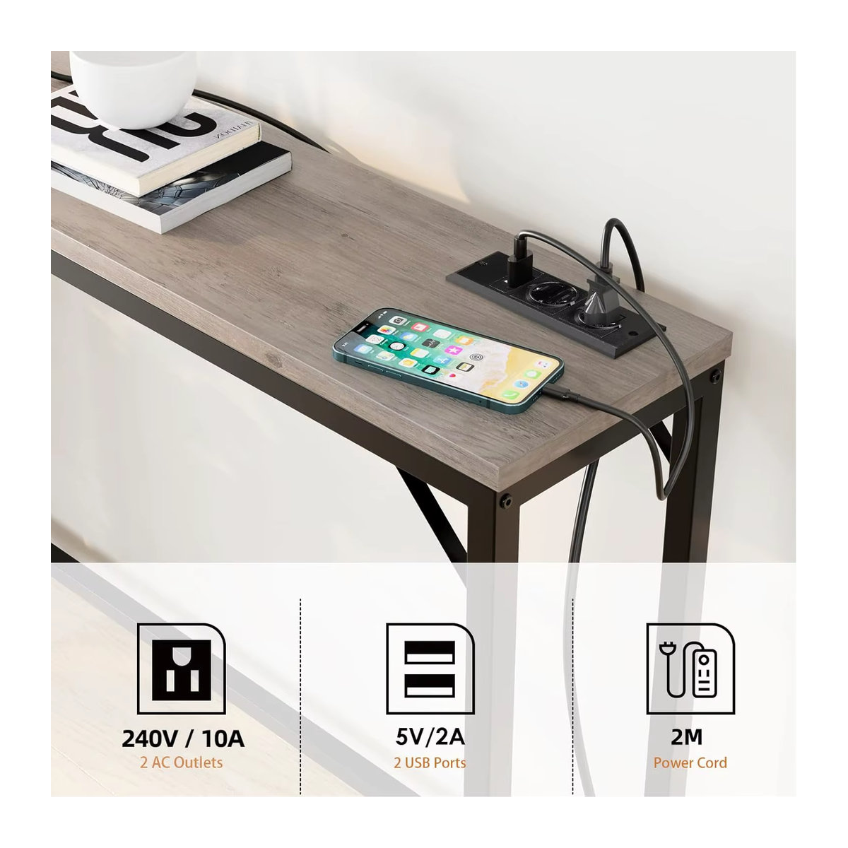 HiMISS Konsolentisch im Industrial Design mit USB-Anschluss, schmaler Beistelltisch aus Holzwerkstoff und Metall in Grau/Braun - Bild 3