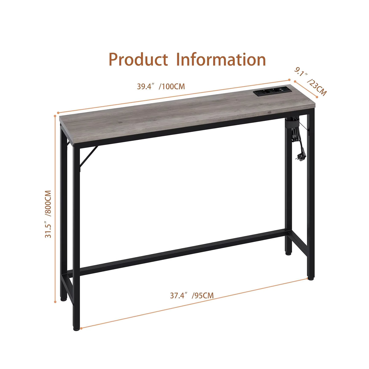 HiMISS Konsolentisch im Industrial Design mit USB-Anschluss, schmaler Beistelltisch aus Holzwerkstoff und Metall in Grau/Braun - Bild 4