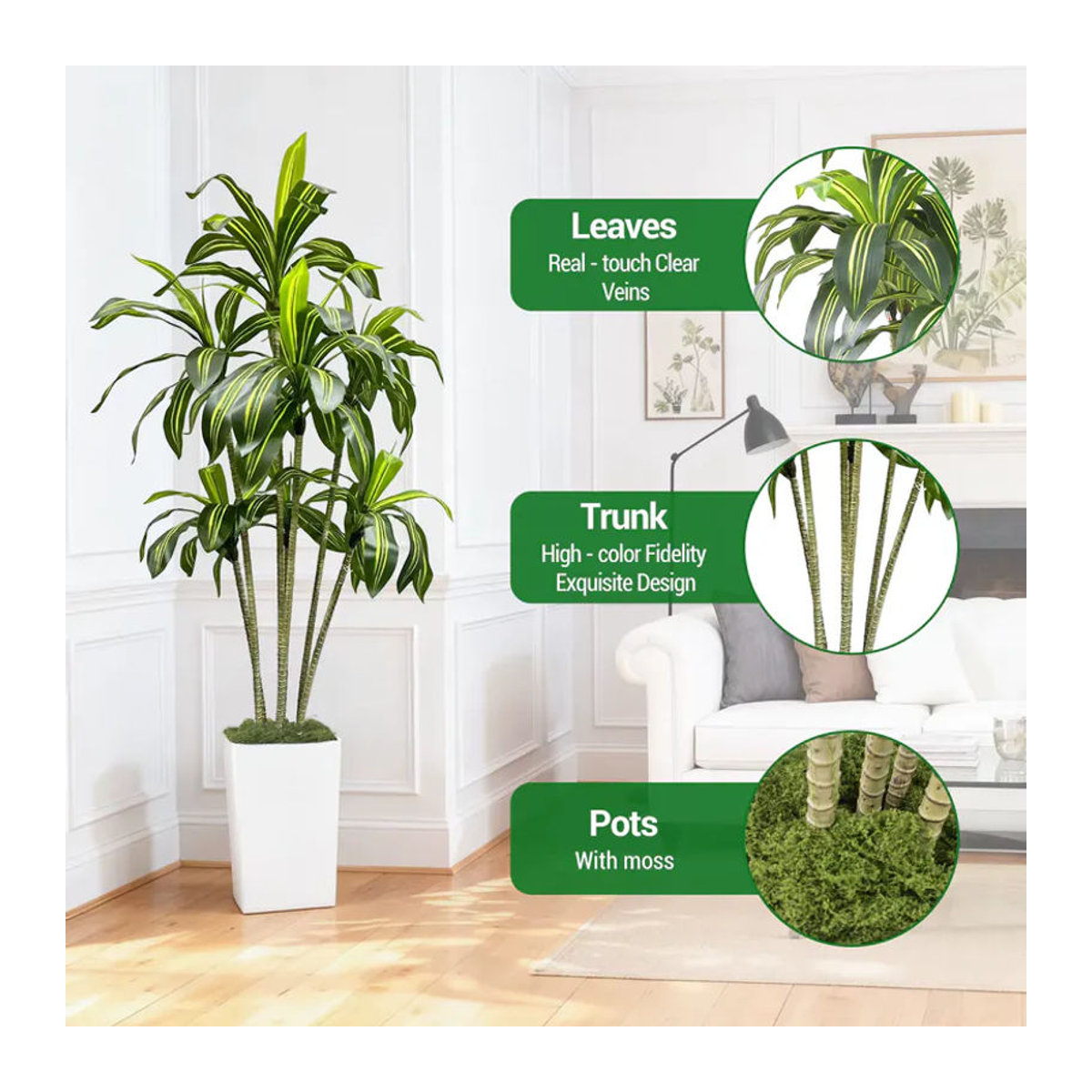 HiMISS Künstlicher Dracaena-Baum in Grün mit weißem Übertopf, UV-beständige tropische Kunstpflanze für Wohnzimmer, Büro und Garten, Höhe: 120 cm - Bild 2