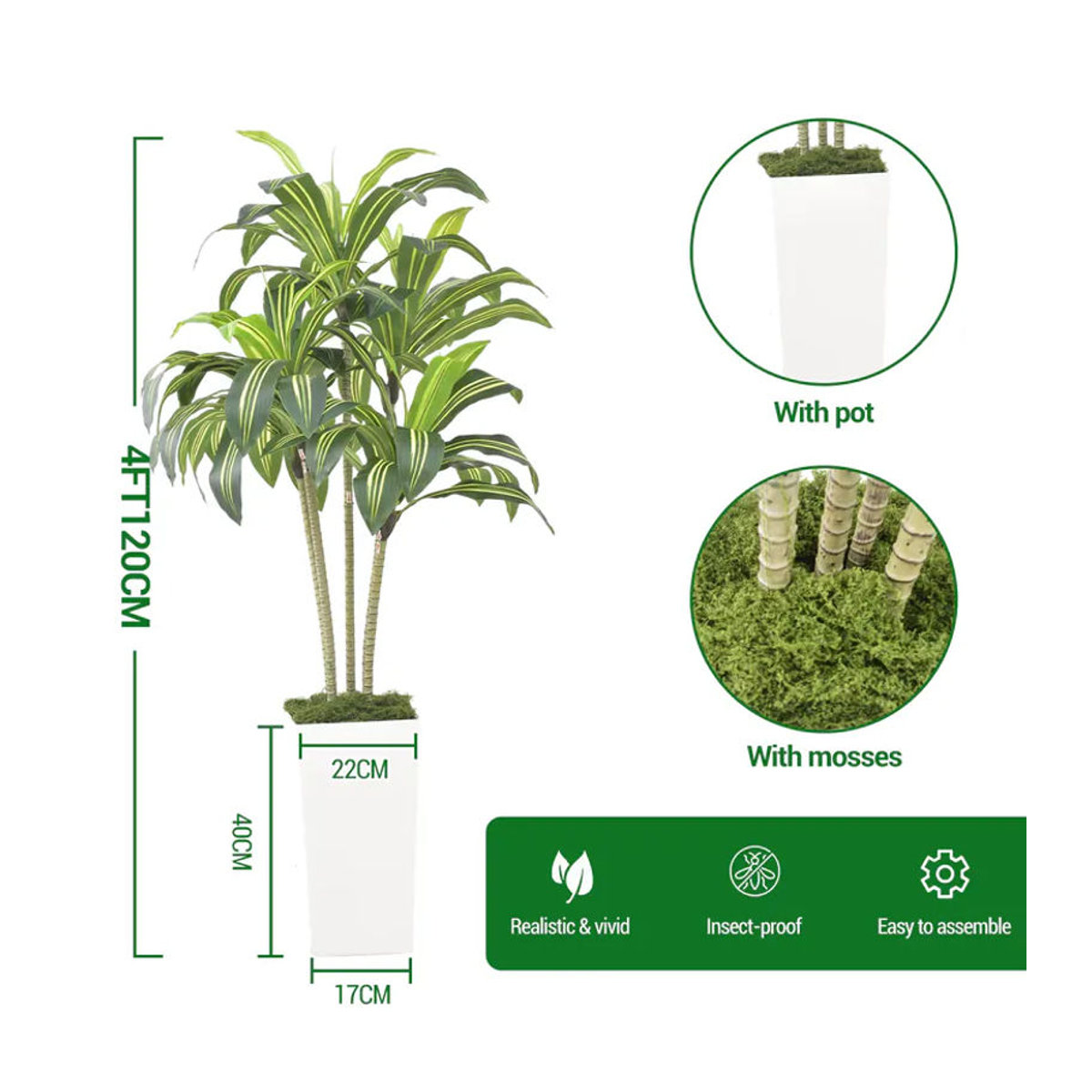 HiMISS Künstlicher Dracaena-Baum in Grün mit weißem Übertopf, UV-beständige tropische Kunstpflanze für Wohnzimmer, Büro und Garten, Höhe: 120 cm - Bild 4
