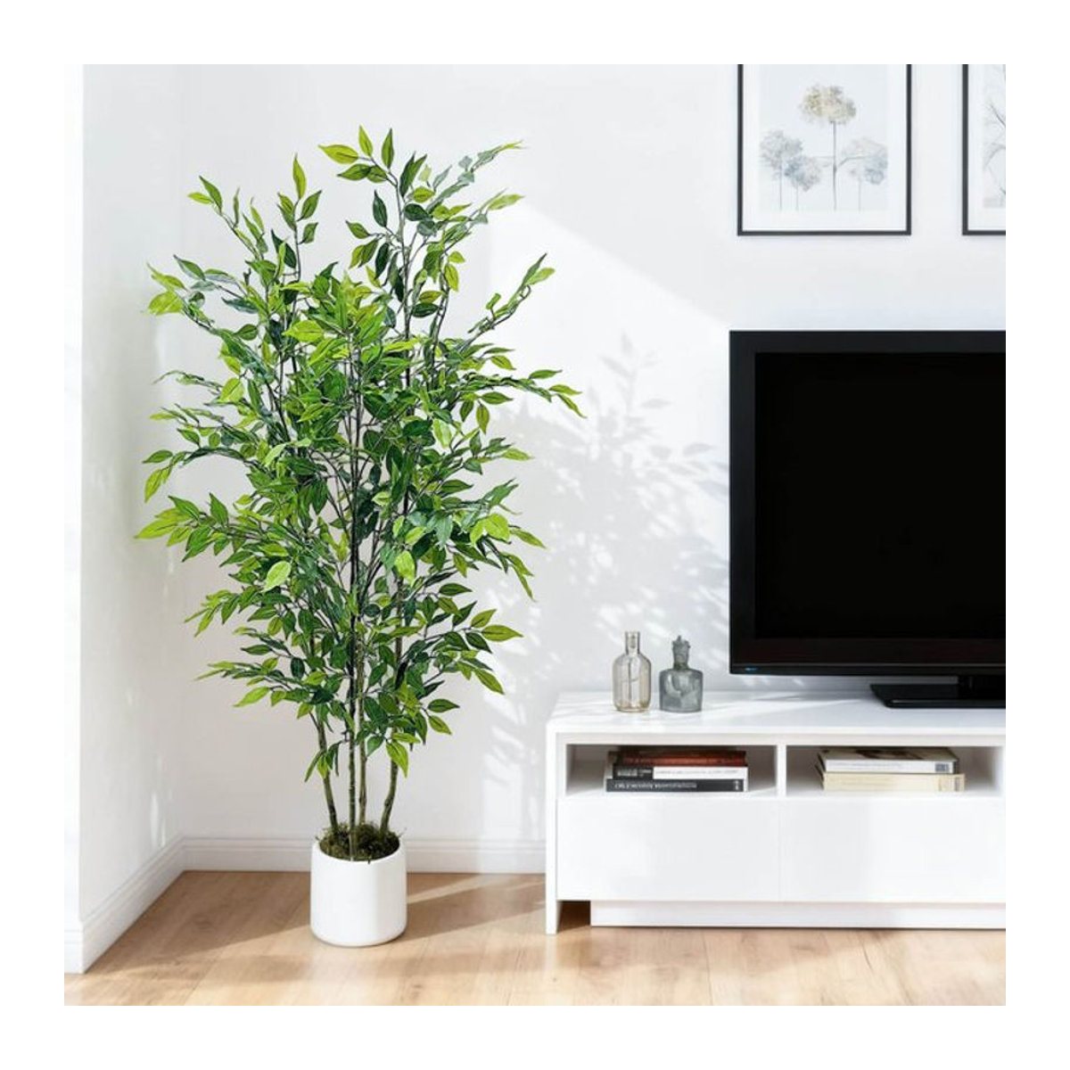 HiMISS Künstlicher Ficus-Baum in Grün mit weißem Übertopf, Textil-Pflanze für Innen und Außen, Höhe: 180 cm - Bild 1