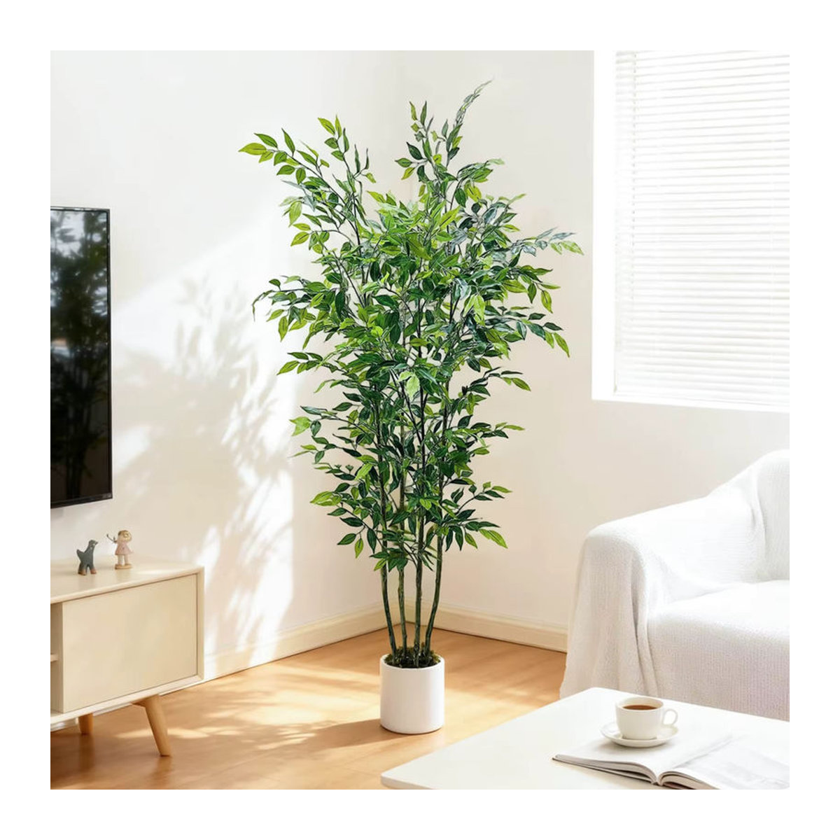 HiMISS Künstlicher Ficus-Baum in Grün mit weißem Übertopf, Textil-Pflanze für Innen und Außen, Höhe: 180 cm - Bild 2