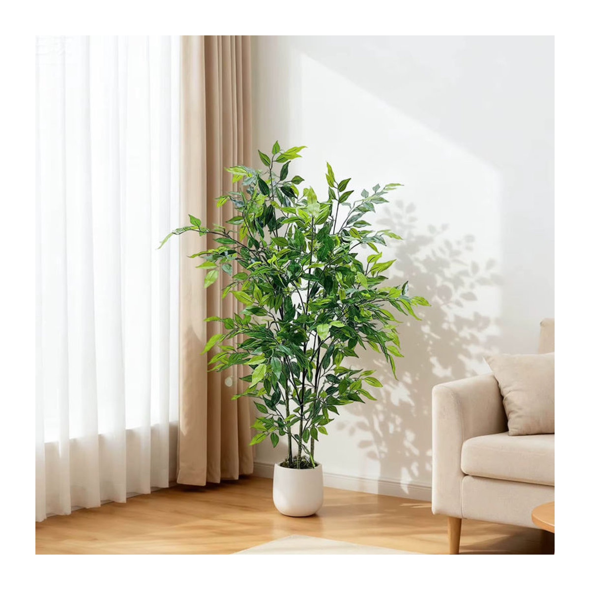 HiMISS Künstlicher Ficus-Baum in Grün mit weißem Übertopf, Textil-Pflanze für Innen und Außen, Höhe: 180 cm - Bild 3