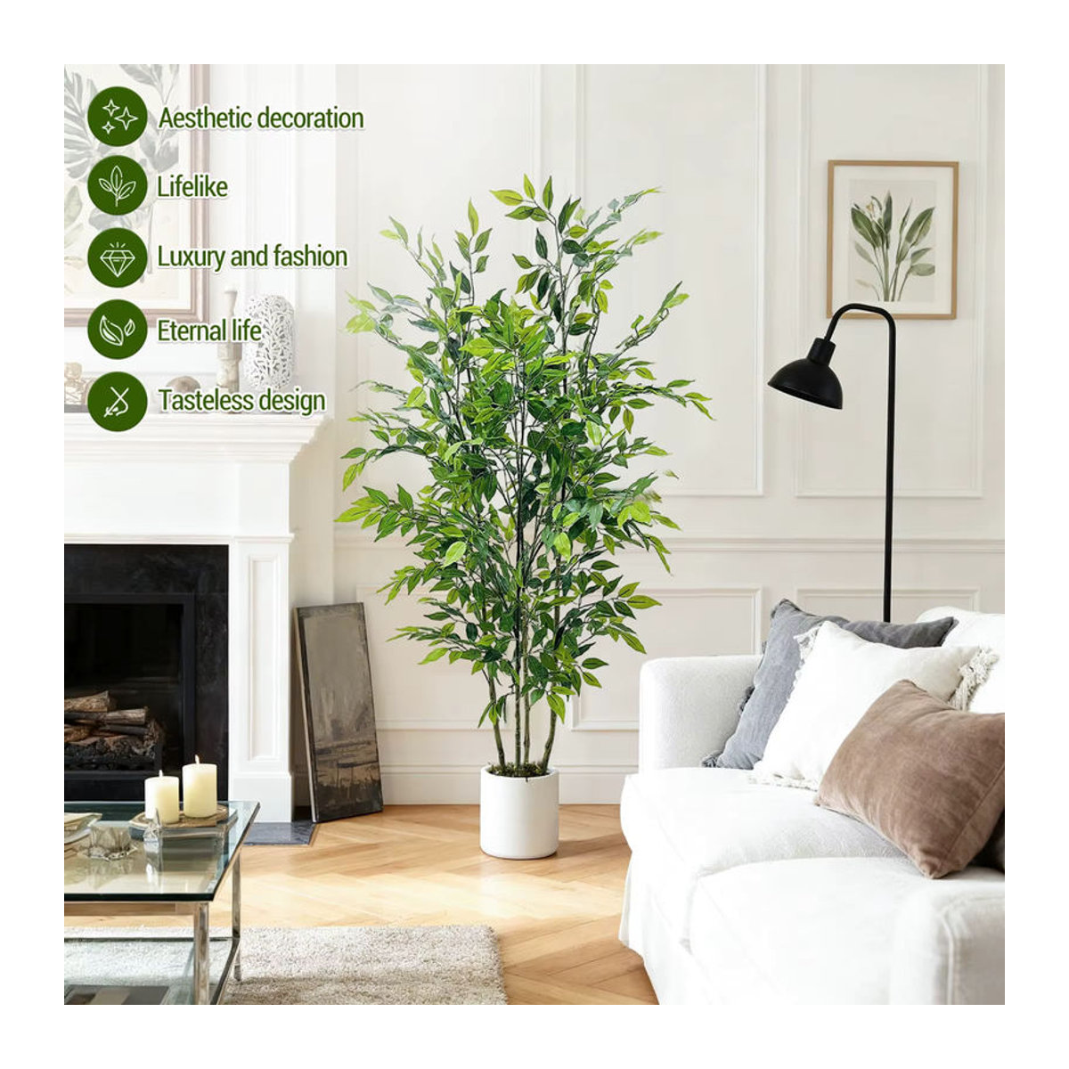 HiMISS Künstlicher Ficus-Baum in Grün mit weißem Übertopf, Textil-Pflanze für Innen und Außen, Höhe: 180 cm - Bild 4