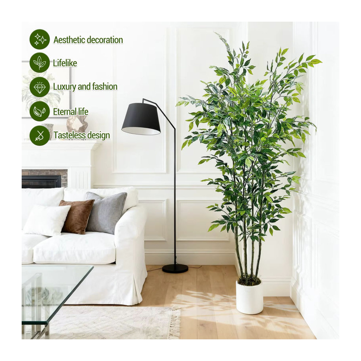 HiMISS Künstlicher Ficus-Baum in Grün mit weißem Übertopf, Textil-Pflanze für Innen und Außen, Höhe: 180 cm - Bild 5