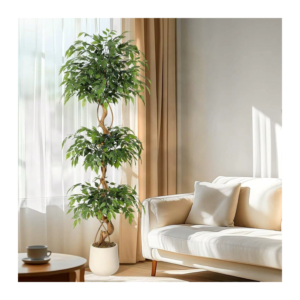 HiMISS Künstlicher Ficus-Baum mit gebogenem Stamm in Grün und Weiß, künstliche Zimmerpflanze mit Textilblättern und Topf, Höhe: 120 cm - Bild 2