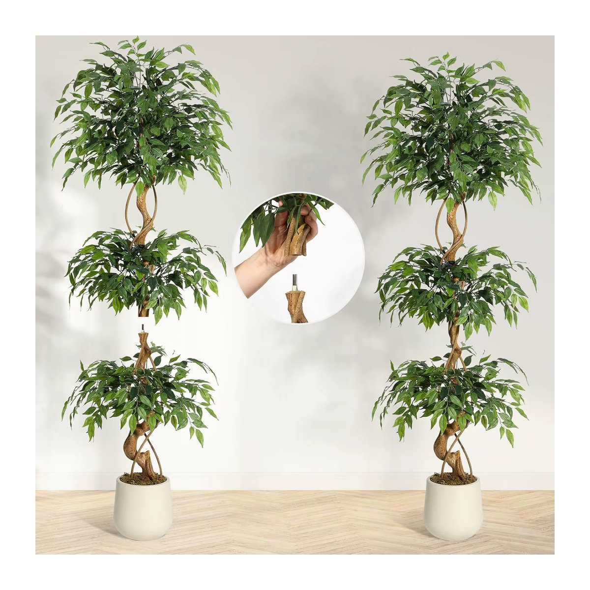 HiMISS Künstlicher Ficus-Baum mit gebogenem Stamm in Grün und Weiß, künstliche Zimmerpflanze mit Textilblättern und Topf, Höhe: 120 cm - Bild 3