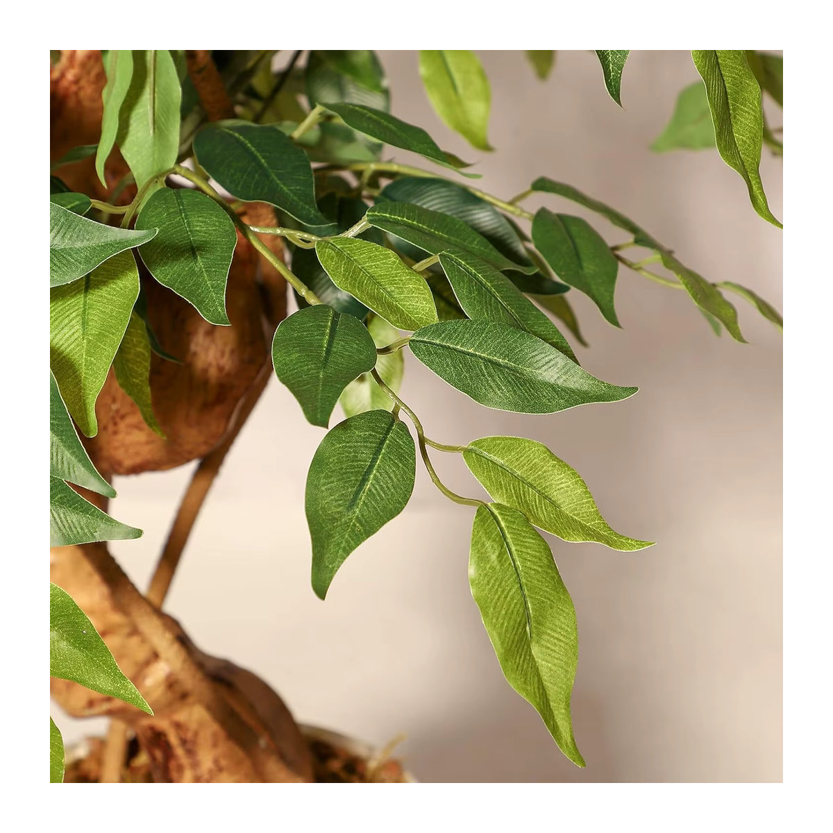 HiMISS Künstlicher Ficus-Baum mit gebogenem Stamm in Grün und Weiß, künstliche Zimmerpflanze mit Textilblättern und Topf, Höhe: 120 cm - Bild 5