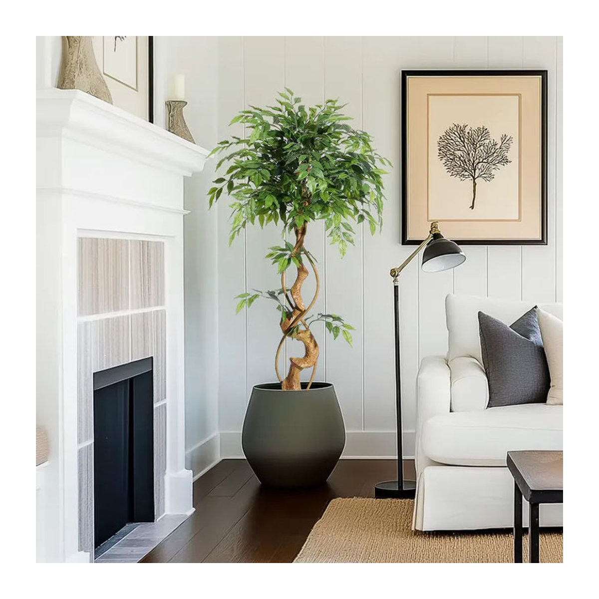 HiMISS Künstlicher Ficus in Weiß mit gebogenem Stamm, Grüne Kunstpflanze aus Textil im weißen Topf für dein Zuhause oder Büro, Höhe: 120 cm - Bild 2