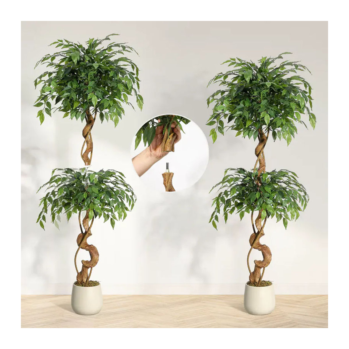 HiMISS Künstlicher Ficus in Weiß mit gebogenem Stamm, Grüne Kunstpflanze aus Textil im weißen Topf für dein Zuhause oder Büro, Höhe: 120 cm - Bild 3