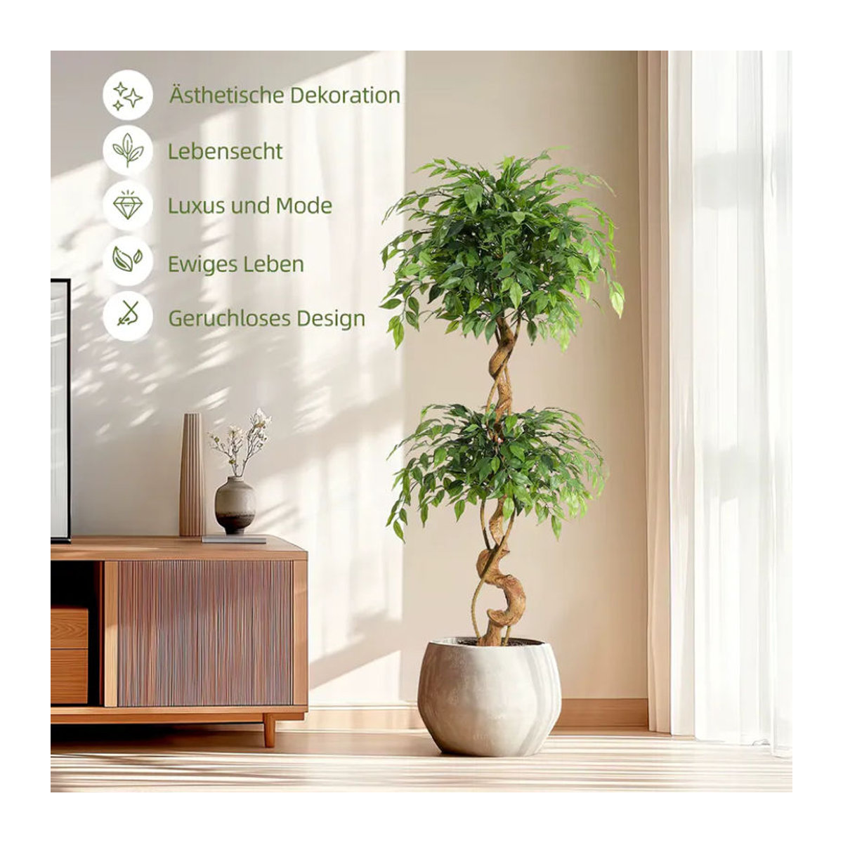HiMISS Künstlicher Ficus in Weiß mit gebogenem Stamm, Grüne Kunstpflanze aus Textil im weißen Topf für dein Zuhause oder Büro, Höhe: 120 cm - Bild 4