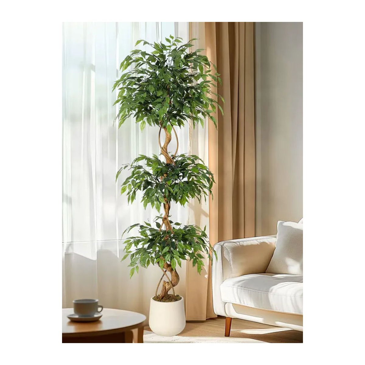 HiMISS Künstlicher Ficus in Weiß mit gebogenem Stamm, Grüne Kunstpflanze aus Textil im weißen Topf für dein Zuhause oder Büro, Höhe: 120 cm - Bild 6