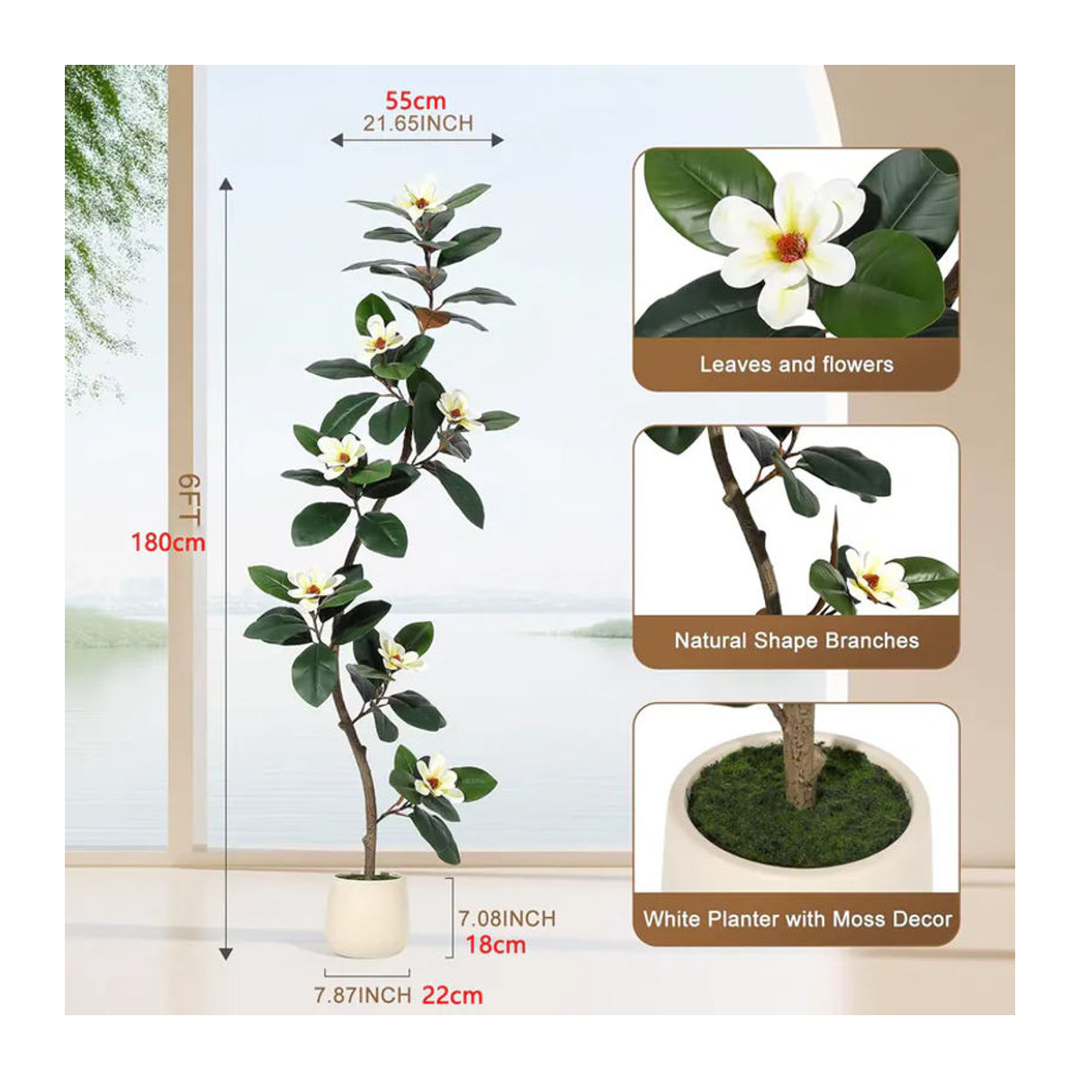 HiMISS Künstlicher Gummibaum mit Magnolienblüten in Grün und Weiß inklusive weißem Blumentopf, Höhe: 150 cm - Bild 4