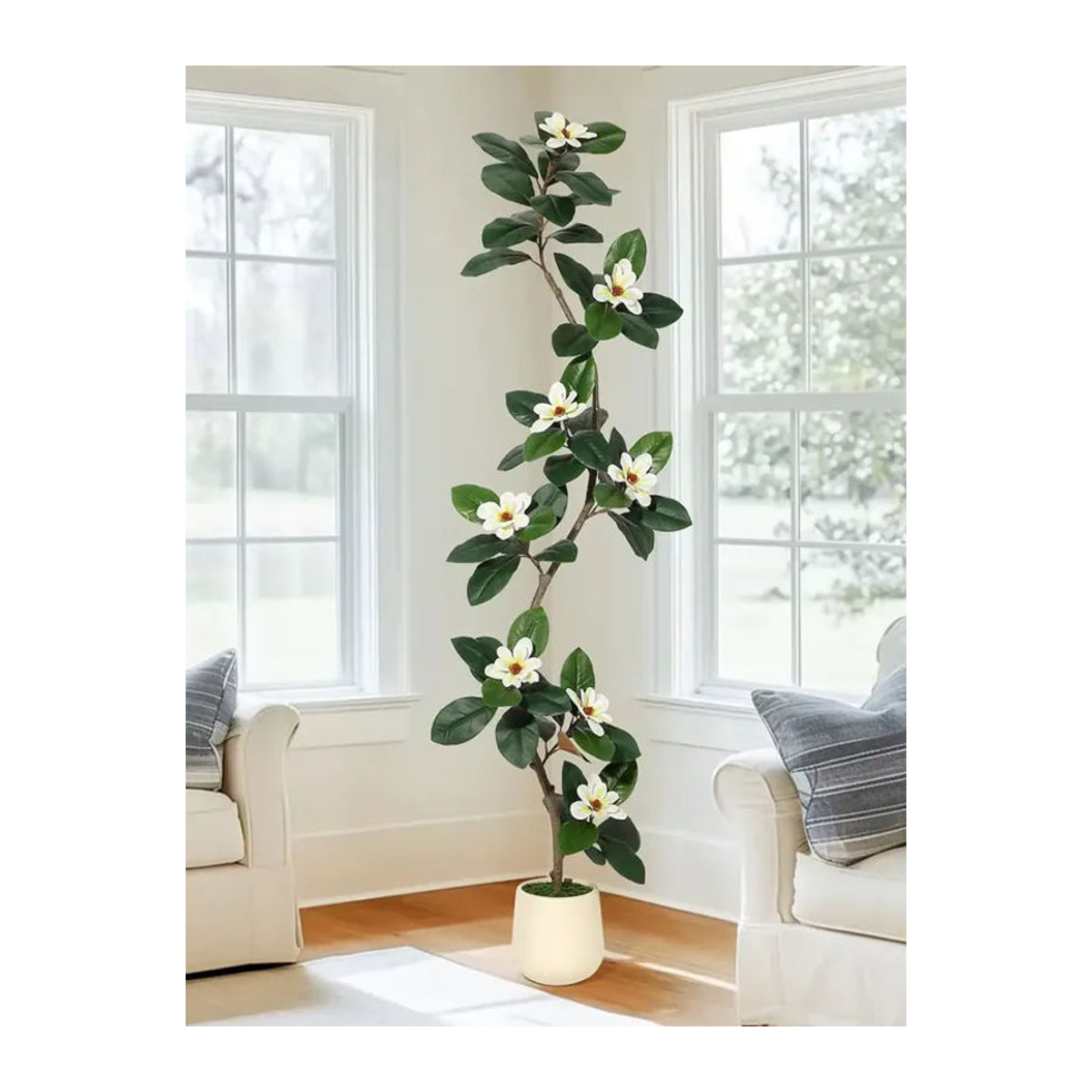 HiMISS Künstlicher Gummibaum mit Magnolienblüten in Grün und Weiß inklusive weißem Blumentopf, Höhe: 150 cm - Bild 5