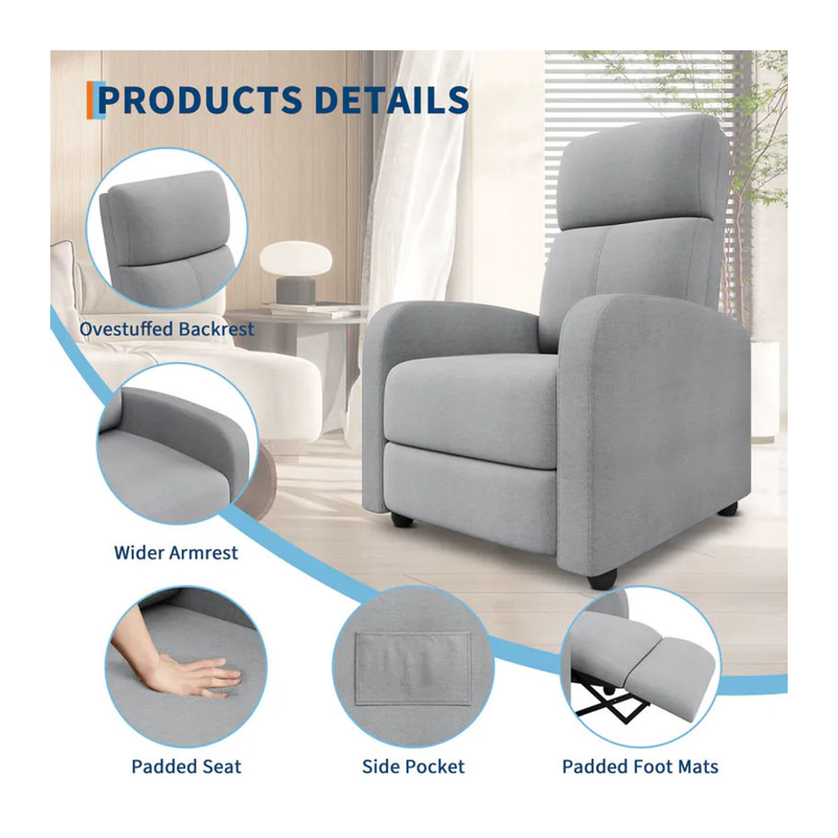 HiMISS Relaxsessel Modern aus Stoff in Braun oder Grau mit ergonomischem High-Density Schaumstoff Polster - Bild 4