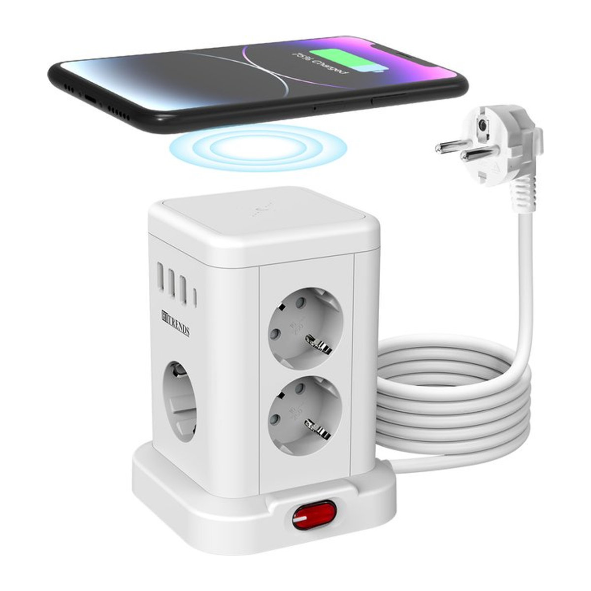 HITRENDS 15-in-1 Smart Power Board mit kabelloser Schnellladefunktion, 3680 W, 3 USB-A und 1 USB-C, 2 Meter langes Verlängerungskabel, Weiß - Bild 1