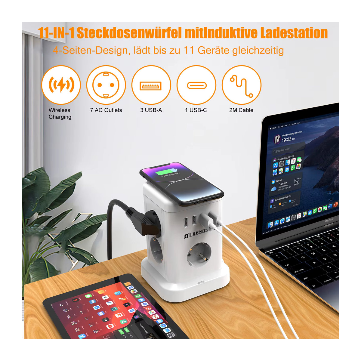 HITRENDS 15-in-1 Smart Power Board mit kabelloser Schnellladefunktion, 3680 W, 3 USB-A und 1 USB-C, 2 Meter langes Verlängerungskabel, Weiß - Bild 2