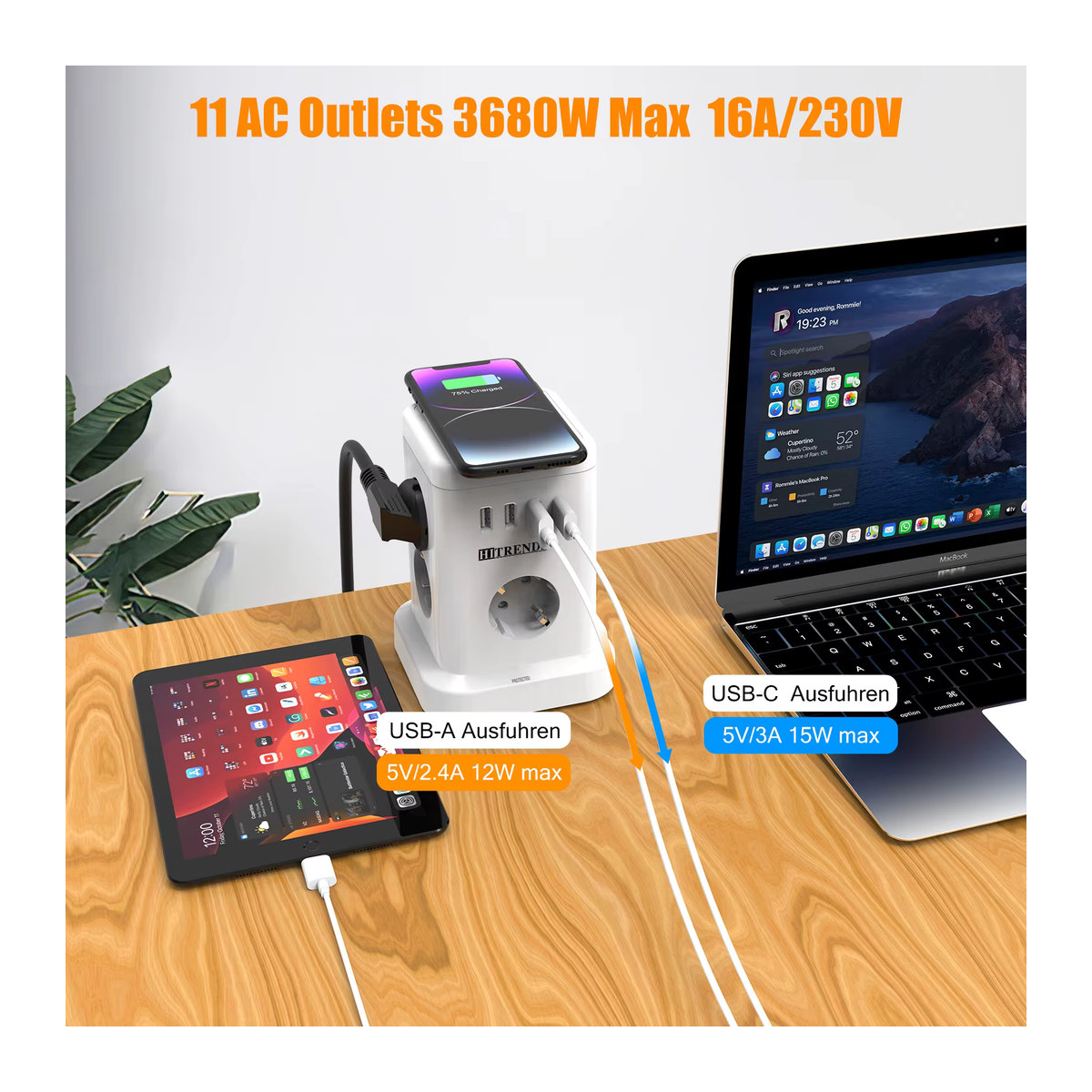 HITRENDS 15-in-1 Smart Power Board mit kabelloser Schnellladefunktion, 3680 W, 3 USB-A und 1 USB-C, 2 Meter langes Verlängerungskabel, Weiß - Bild 3