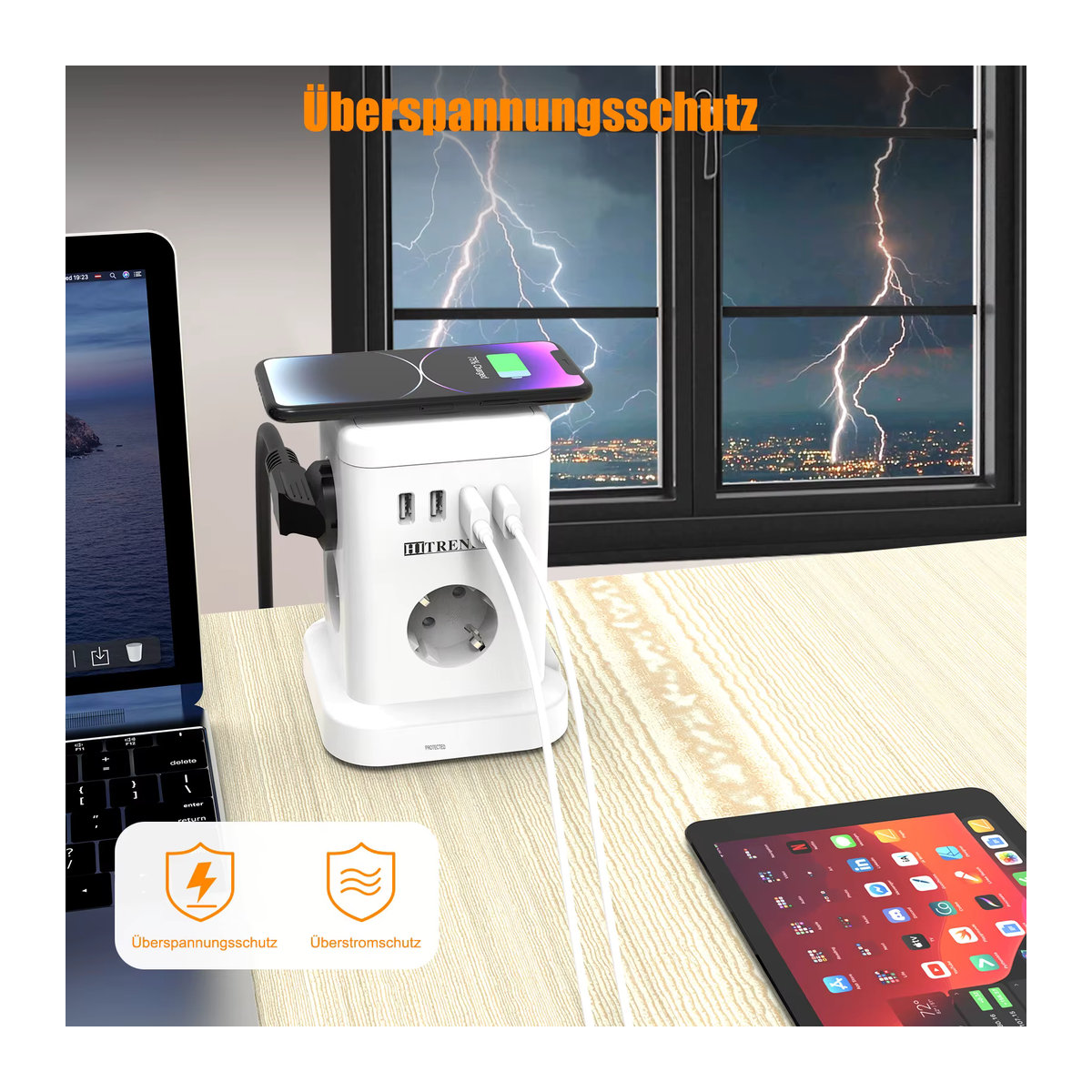 HITRENDS 15-in-1 Smart Power Board mit kabelloser Schnellladefunktion, 3680 W, 3 USB-A und 1 USB-C, 2 Meter langes Verlängerungskabel, Weiß - Bild 4
