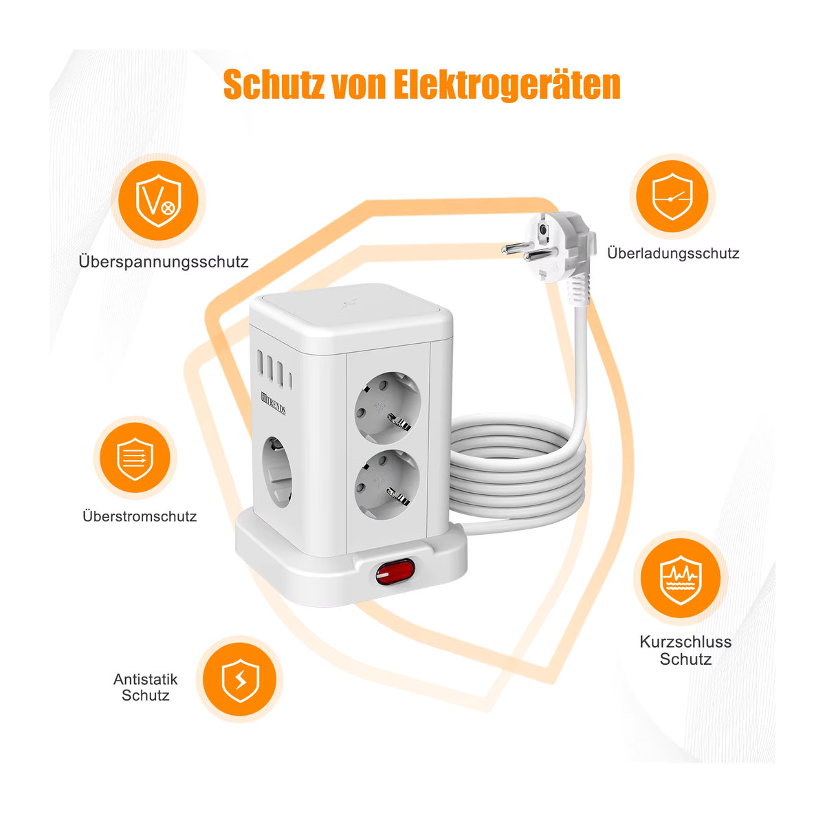 HITRENDS 15-in-1 Smart Power Board mit kabelloser Schnellladefunktion, 3680 W, 3 USB-A und 1 USB-C, 2 Meter langes Verlängerungskabel, Weiß - Bild 5