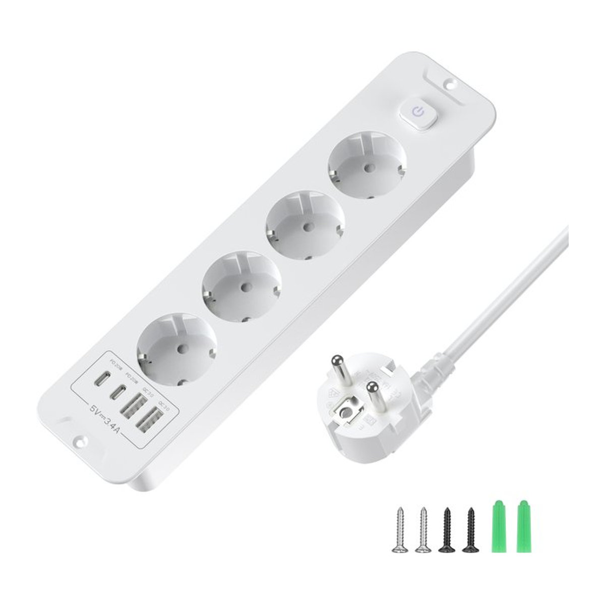 HITRENDS Desktop-Steckdosenleiste in Weiß mit 4 oder 6 AC-Steckdosen, 2 USB- und 2 Typ-C-Anschlüssen sowie Hauptschalter und 2 m Verlängerungskabel mit EU-Stecker - Bild 1