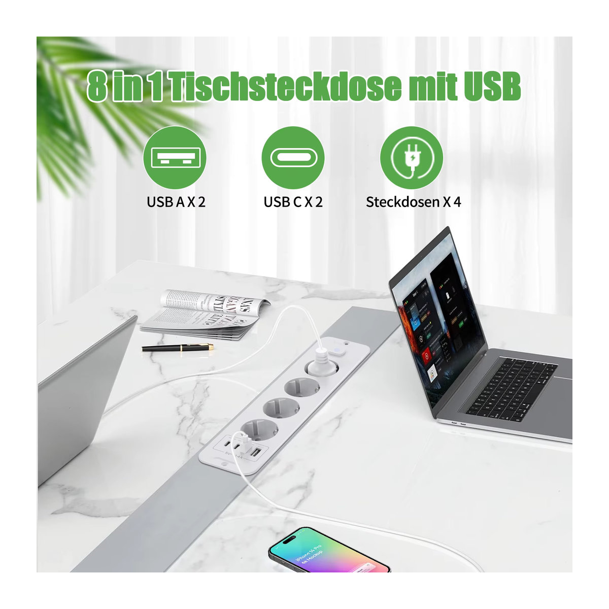 HITRENDS Desktop-Steckdosenleiste in Weiß mit 4 oder 6 AC-Steckdosen, 2 USB- und 2 Typ-C-Anschlüssen sowie Hauptschalter und 2 m Verlängerungskabel mit EU-Stecker - Bild 2