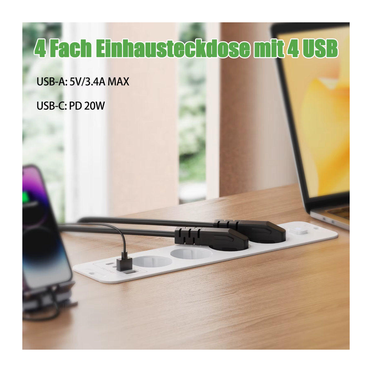 HITRENDS Desktop-Steckdosenleiste in Weiß mit 4 oder 6 AC-Steckdosen, 2 USB- und 2 Typ-C-Anschlüssen sowie Hauptschalter und 2 m Verlängerungskabel mit EU-Stecker - Bild 3