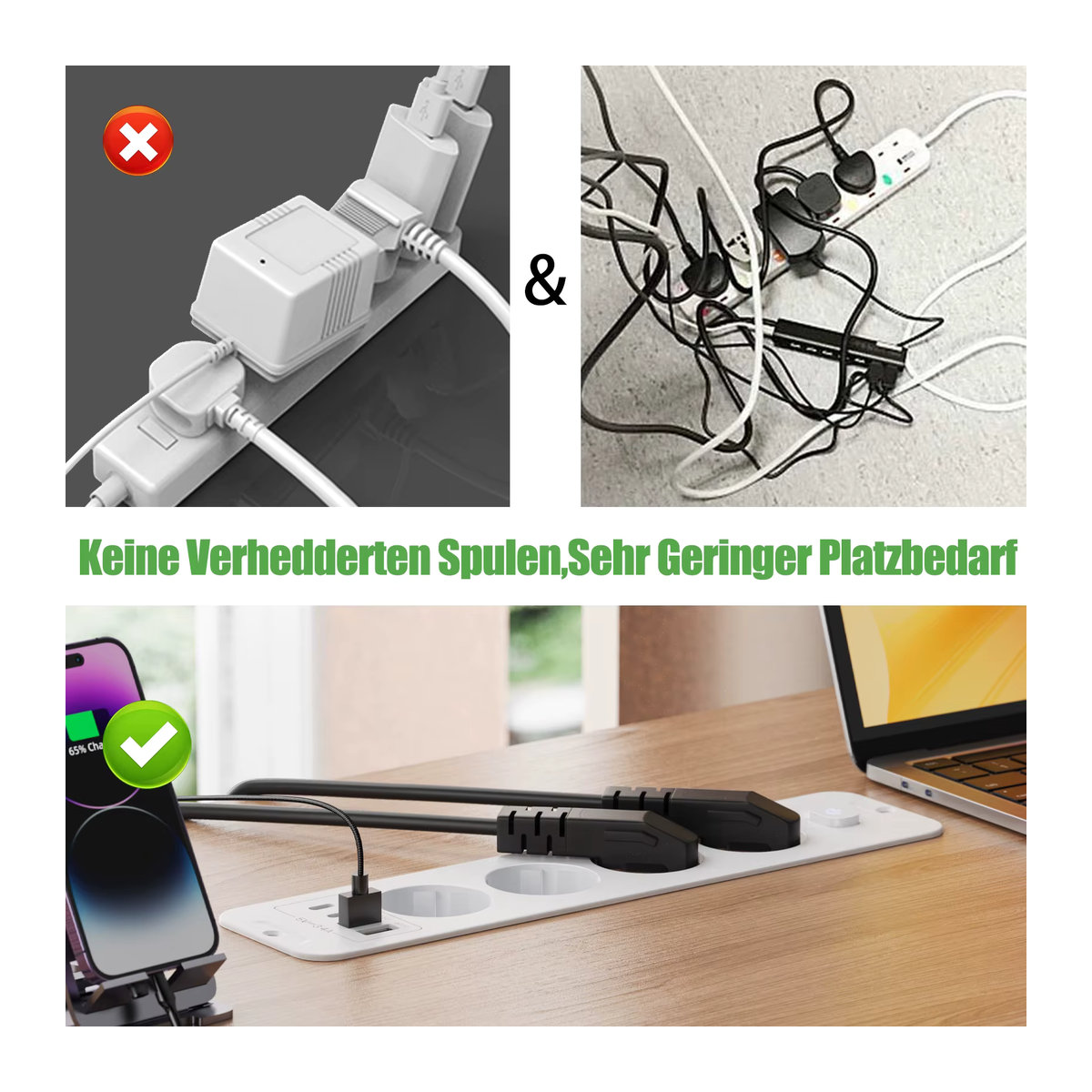 HITRENDS Desktop-Steckdosenleiste in Weiß mit 4 oder 6 AC-Steckdosen, 2 USB- und 2 Typ-C-Anschlüssen sowie Hauptschalter und 2 m Verlängerungskabel mit EU-Stecker - Bild 5