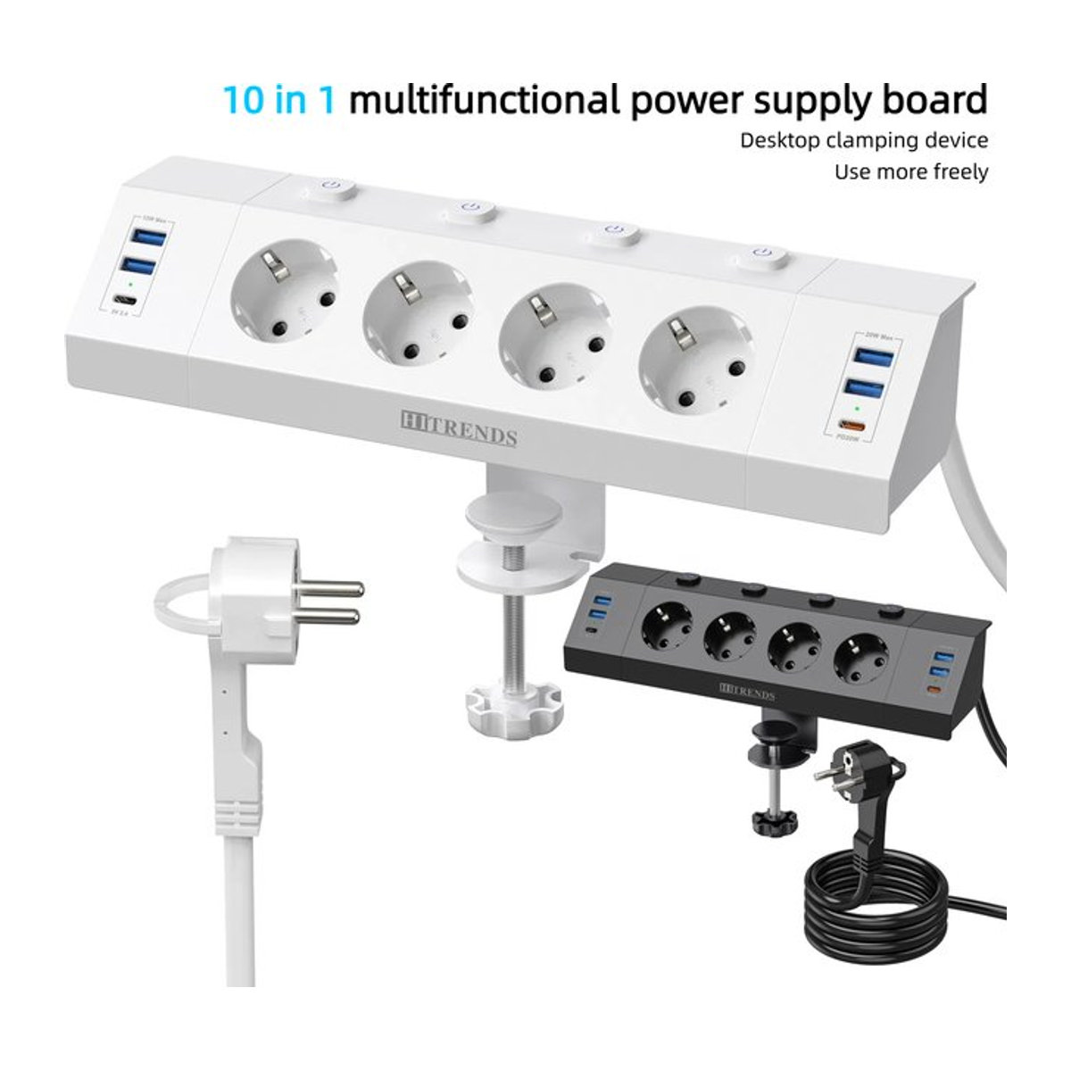 HITRENDS EU-Mehrfachsteckdosenleiste in Weiß mit Desktop-Klemmvorrichtung, Zugringstecker, 4 USB-A und 2 USB-C Anschlüssen sowie Einzelsteuerschaltern und 2 m Kabel - Bild 1