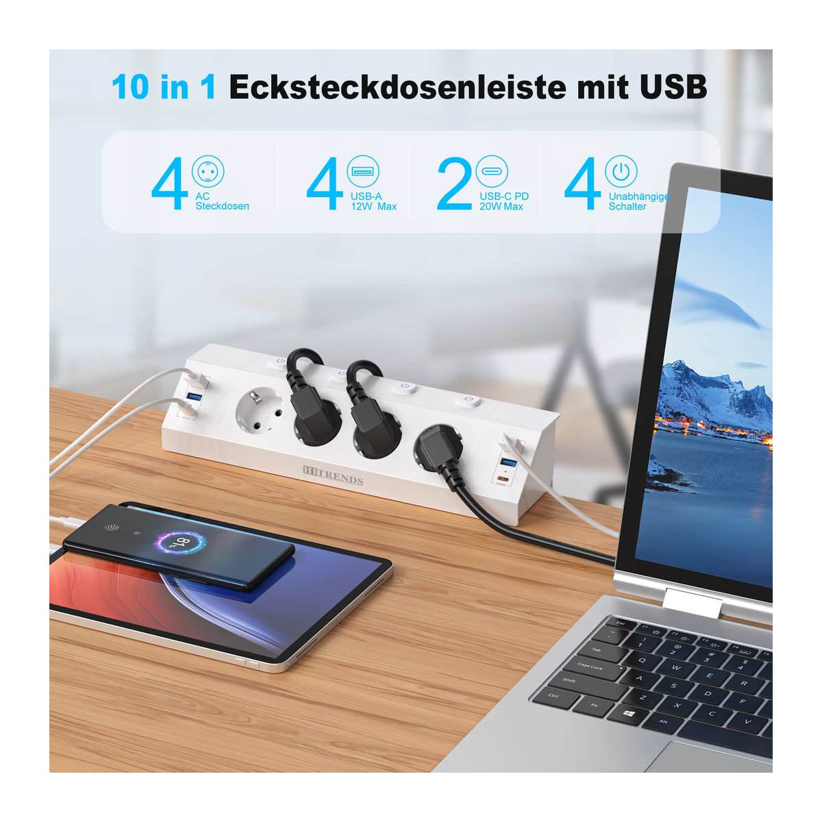 HITRENDS EU-Mehrfachsteckdosenleiste in Weiß mit Desktop-Klemmvorrichtung, Zugringstecker, 4 USB-A und 2 USB-C Anschlüssen sowie Einzelsteuerschaltern und 2 m Kabel - Bild 2