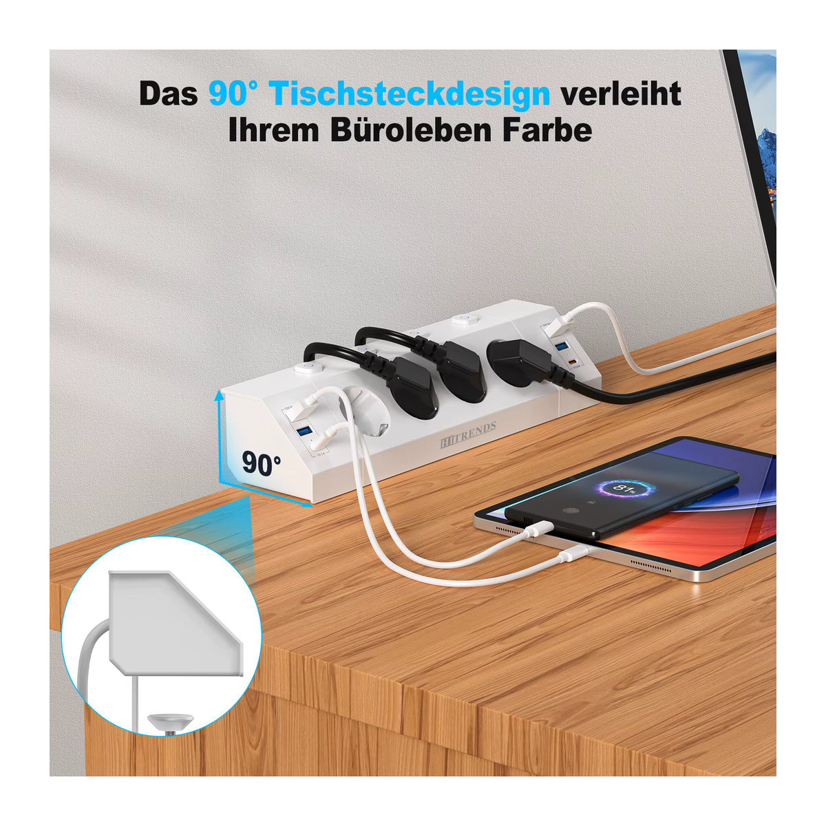HITRENDS EU-Mehrfachsteckdosenleiste in Weiß mit Desktop-Klemmvorrichtung, Zugringstecker, 4 USB-A und 2 USB-C Anschlüssen sowie Einzelsteuerschaltern und 2 m Kabel - Bild 3