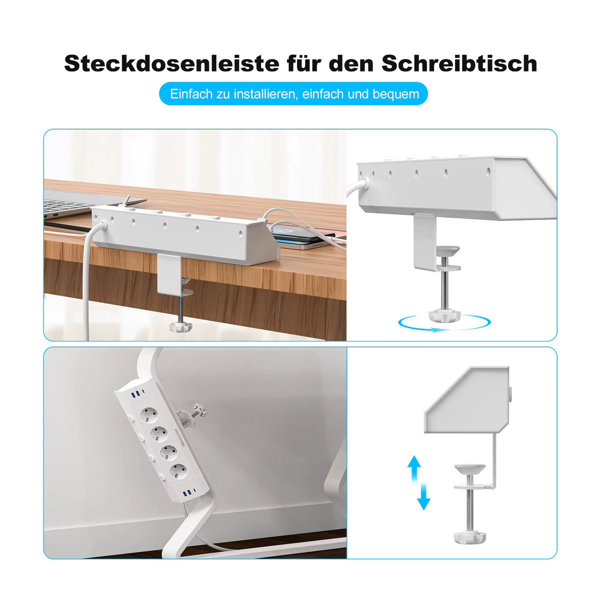 HITRENDS EU-Mehrfachsteckdosenleiste in Weiß mit Desktop-Klemmvorrichtung, Zugringstecker, 4 USB-A und 2 USB-C Anschlüssen sowie Einzelsteuerschaltern und 2 m Kabel - Bild 4