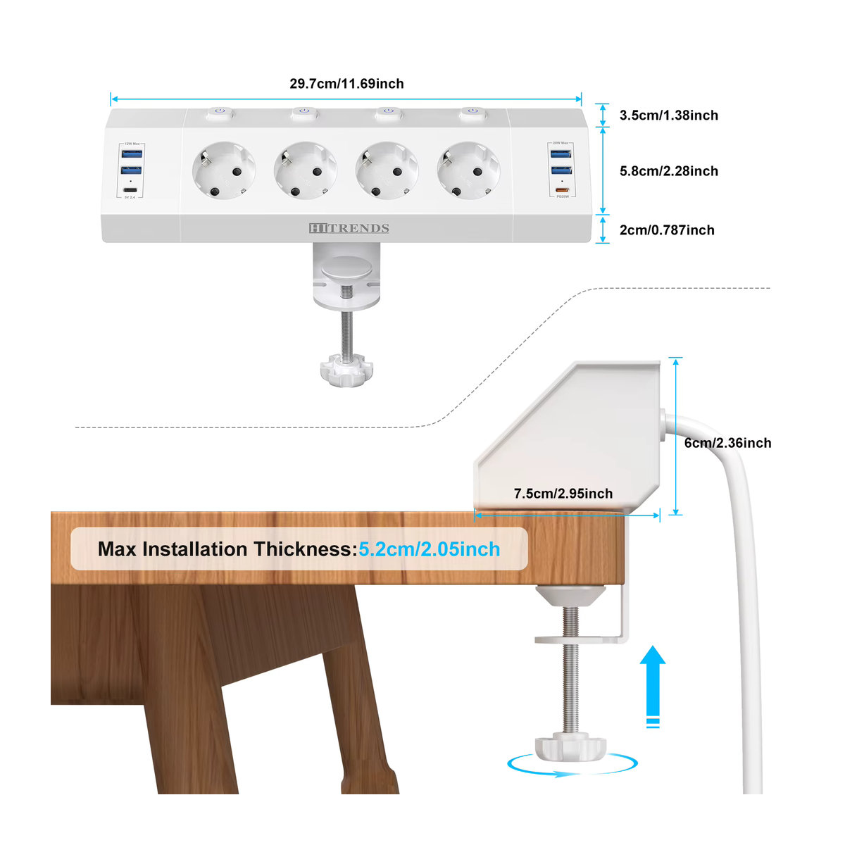 HITRENDS EU-Mehrfachsteckdosenleiste in Weiß mit Desktop-Klemmvorrichtung, Zugringstecker, 4 USB-A und 2 USB-C Anschlüssen sowie Einzelsteuerschaltern und 2 m Kabel - Bild 5