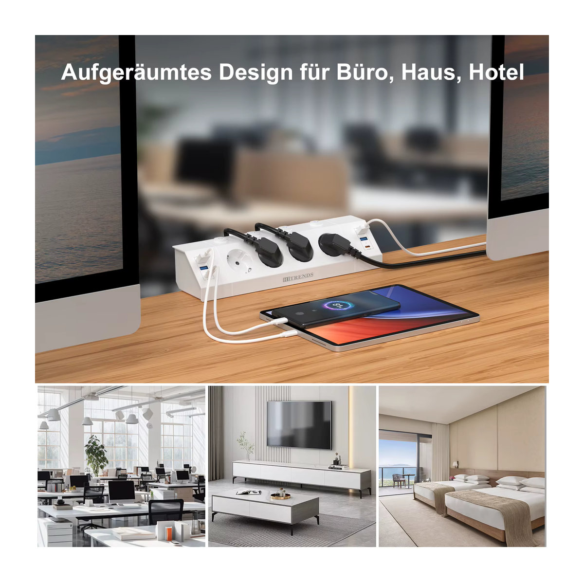 HITRENDS EU-Mehrfachsteckdosenleiste in Weiß mit Desktop-Klemmvorrichtung, Zugringstecker, 4 USB-A und 2 USB-C Anschlüssen sowie Einzelsteuerschaltern und 2 m Kabel - Bild 6