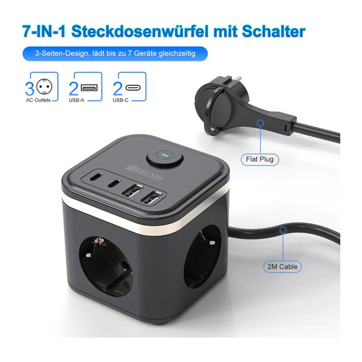 HITRENDS EU-Steckdosenleiste in Schwarz mit 3 AC-Steckdosen, 2 USB-C Schnelllade-Anschlüssen und 2 m Kabel - Bild 1